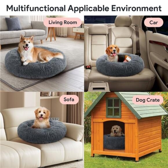 24" Calming Dog Bed for Medium Small Dogs, Donut Plush Pet Bed, Anti-Anxiety - Picture 2 of 7